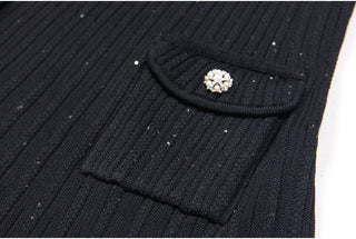 Short Sleeve Knitted Mini Dress with Collar and Pearl Button Pockets