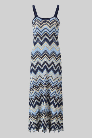Sleeveless Knitted Long Dress with Zigzag Pattern and Square Neckline
