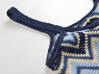 Sleeveless Knitted Long Dress with Zigzag Pattern and Square Neckline