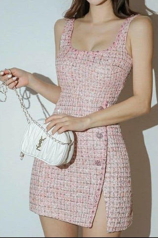 Tweed Luxe Pearl Button Mini Dress – Rose &  Gold Edition