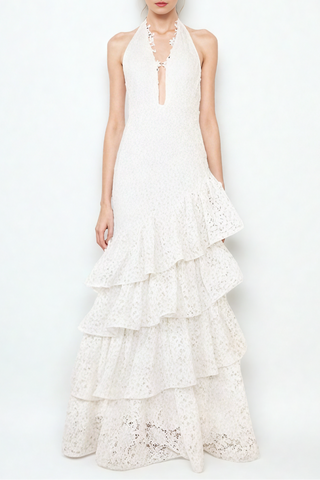 Ivory Bloom Lace Halter Tiered Backless Ruffled  Long Dress