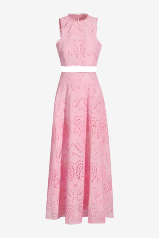 Sky Bloom Embroidered Eyelet Set  Round Neck Crop Top & High-Waist Maxi Skirt