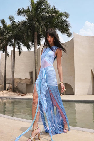 Sleeveless Ruched Mesh Long Dress with Fringed Hem and Crisscross Draping