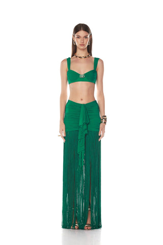 Two-Piece Ruched Crop Top and Fringed Maxi Skirt Set with Gold Buckle Detail