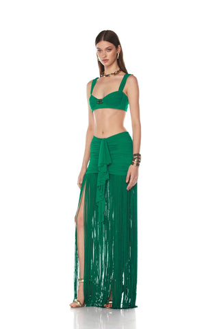 Two-Piece Ruched Crop Top and Fringed Maxi Skirt Set with Gold Buckle Detail