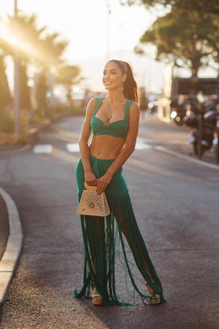 Two-Piece Ruched Crop Top and Fringed Maxi Skirt Set with Gold Buckle Detail