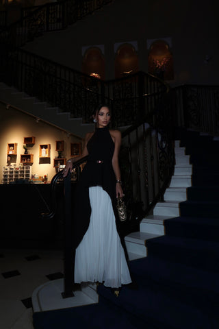 High-Neck Layered dress with Pleated Skirt