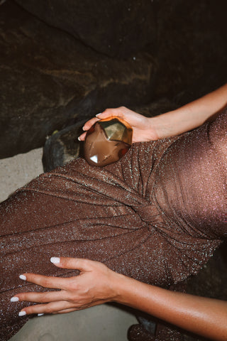 Coffee Metallic Halter Long Dress Backless Slim Fit with Waist Tie Detail
