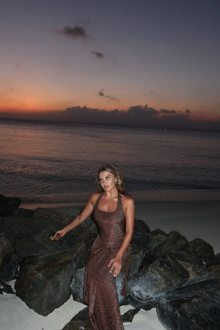 Coffee Metallic Halter Long Dress Backless Slim Fit with Waist Tie Detail