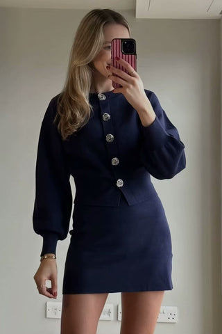 Knitted Two-Piece Set with Balloon Sleeve Cardigan and Mini Skirt