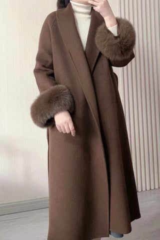 Luxury Double-Sided Wool Long Coat with Detachable Fur Sleeves