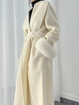 Luxury Double-Sided Wool Long Coat with Detachable Fur Sleeves