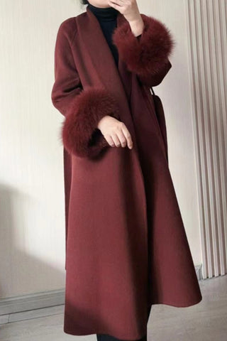 Luxury Double-Sided Wool Long Coat with Detachable Fur Sleeves