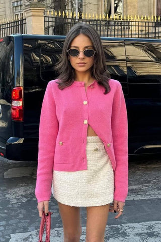 Knitted Cardigan with Gold Buttons and Front Pockets