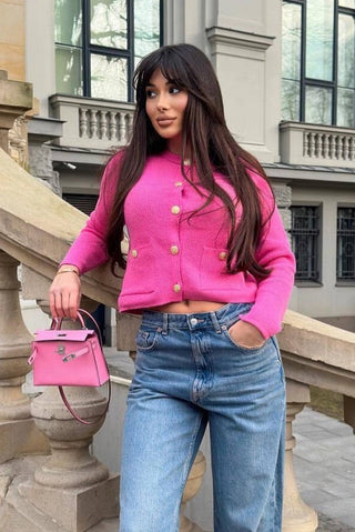 Knitted Cardigan with Gold Buttons and Front Pockets