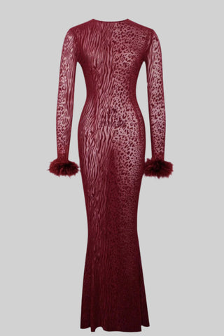 Velvet Mesh Long-Sleeve Tall Dress with Feather Cuffs