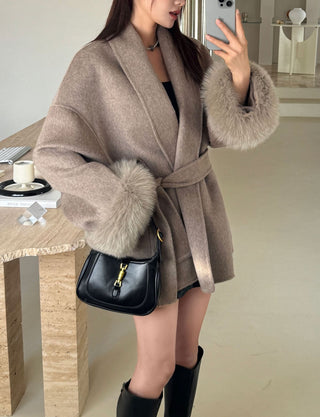 Double-Faced Wool Coat with Fur Cuffs - Mid-Length, Belted Wrap Coat