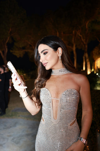 Radiant Crystal Mesh Gown with Sculpted Bust and Choker Detail