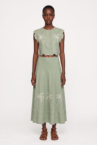 Scallop Cap Sleeve Embroidered Cropped Top & High Waist A-Line Midi Skirt Set