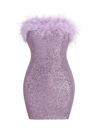 Salva Sequin Feather Strapless Mini Dress