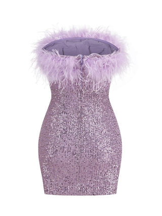 Salva Sequin Feather Strapless Mini Dress