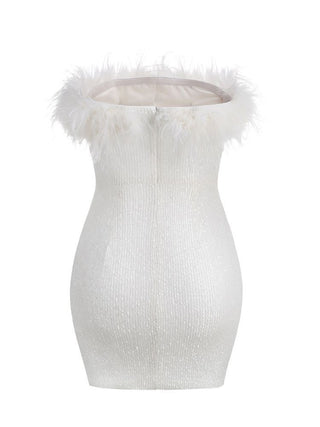 Salva Sequin Feather Strapless Mini Dress