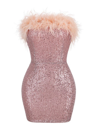 Salva Sequin Feather Strapless Mini Dress