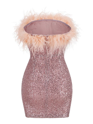 Salva Sequin Feather Strapless Mini Dress
