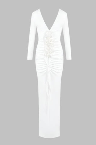 White Long-Sleeve Deep V-Neck Maxi Dress with 3D Floral Design