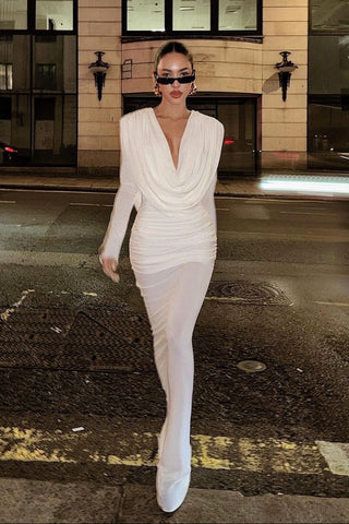 Alba Drape-Back Long Sleeve Long Dress – White Jersey Ruched Gown