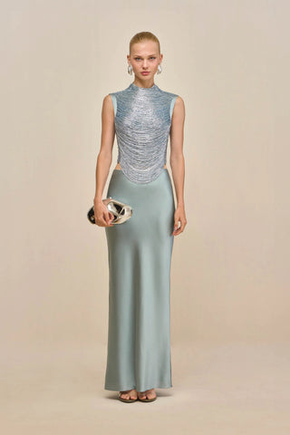 Sleeveless Bandage Metallic Top & Satin Skirt Set – Sculpted High Neck, Fluid Draped Fit, Refined Evening Look