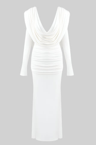 Alba Drape-Back Long Sleeve Long Dress – White Jersey Ruched Gown