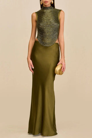 Sleeveless Bandage Metallic Top & Satin Skirt Set – Sculpted High Neck, Fluid Draped Fit, Refined Evening Look