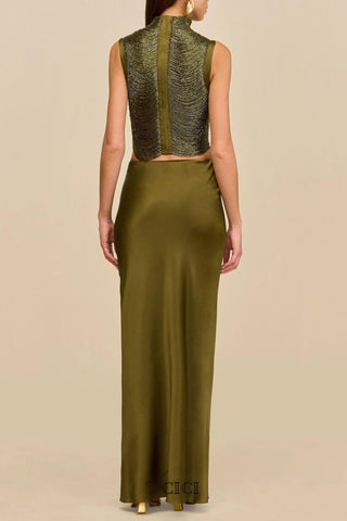 Sleeveless Bandage Metallic Top & Satin Skirt Set – Sculpted High Neck, Fluid Draped Fit, Refined Evening Look