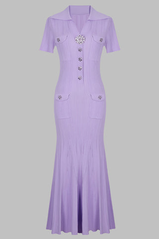 Short Sleeve Knit Long Dress with Rhinestone Buttons and Collar