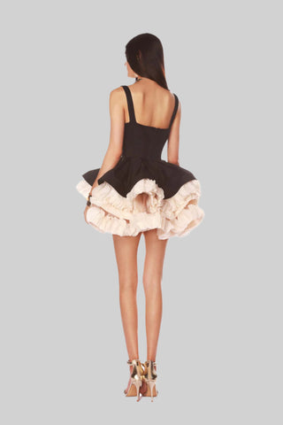Sleeveless Black Square Neck Mini Dress with Layered Ruffle Skirt
