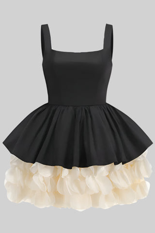 Sleeveless Black Square Neck Mini Dress with Layered Ruffle Skirt