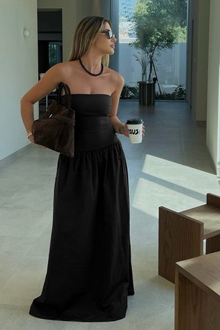 Strapless Long Dress with Fitted Bodice and Flared Skirt.