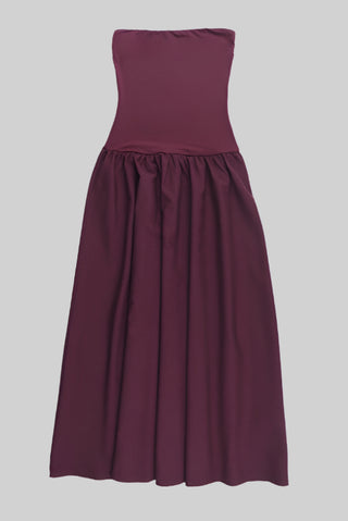 Strapless Long Dress with Fitted Bodice and Flared Skirt.