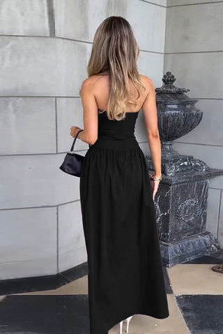 Strapless Long Dress with Fitted Bodice and Flared Skirt.