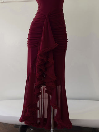 Elegant Sleeveless Long Mesh Dress with Ruffled Details