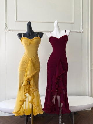 Elegant Sleeveless Long Mesh Dress with Ruffled Details