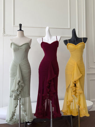 Elegant Sleeveless Long Mesh Dress with Ruffled Details