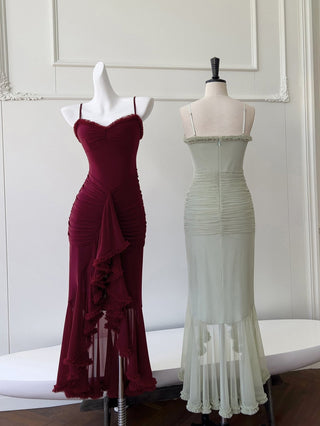 Elegant Sleeveless Long Mesh Dress with Ruffled Details