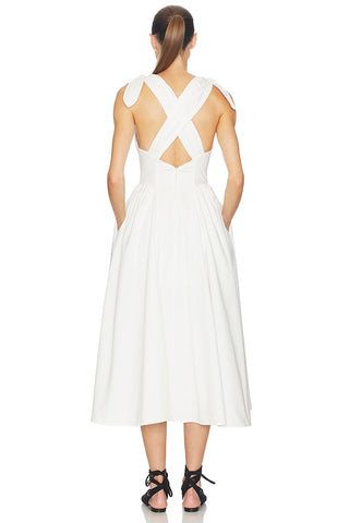 Tie-Shoulder V-Neck Open Back Flared Midi Dress