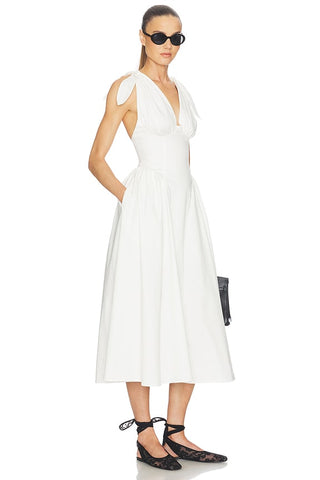 Tie-Shoulder V-Neck Open Back Flared Midi Dress