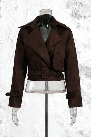Cropped Faux Suede Jacket with Belt & Cuff Buckles