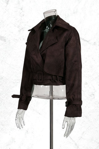Cropped Faux Suede Jacket with Belt & Cuff Buckles