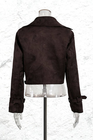 Cropped Faux Suede Jacket with Belt & Cuff Buckles