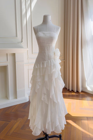 Statement Pleated Strapless Corset Long Dress with Dramatic Ruffles & Floral Detail